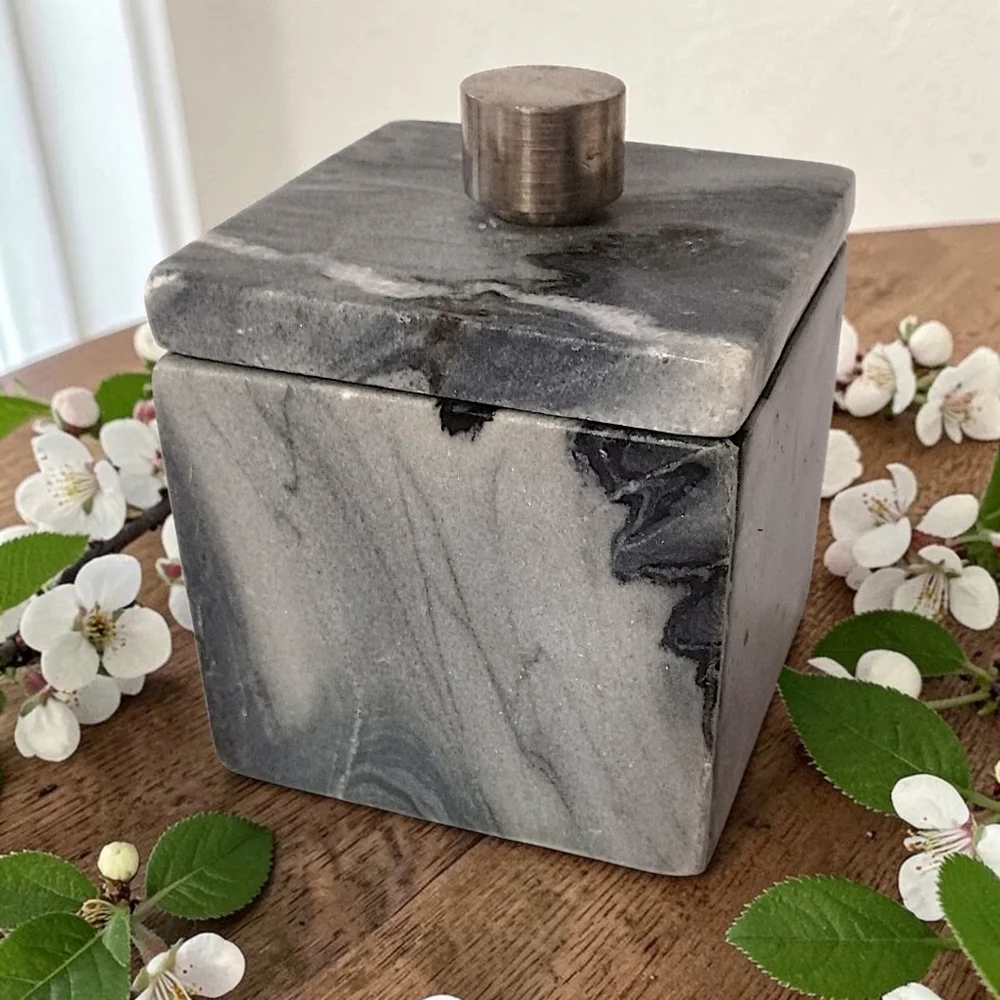 Marble Natural Stone Bathroom Storage Container Canister Silver Tone Handle Gray